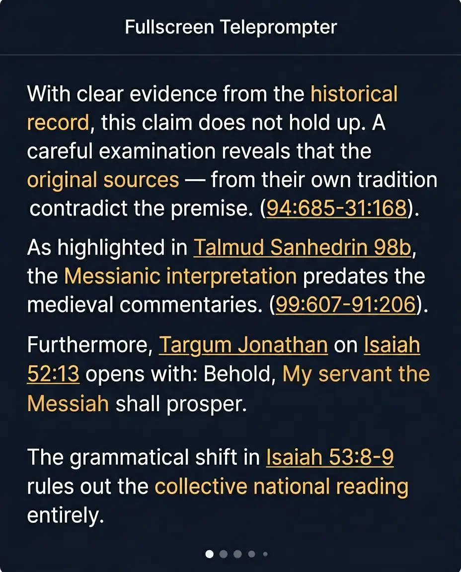 Teleprompter fullscreen view with formatted rebuttal text and highlighted scripture references